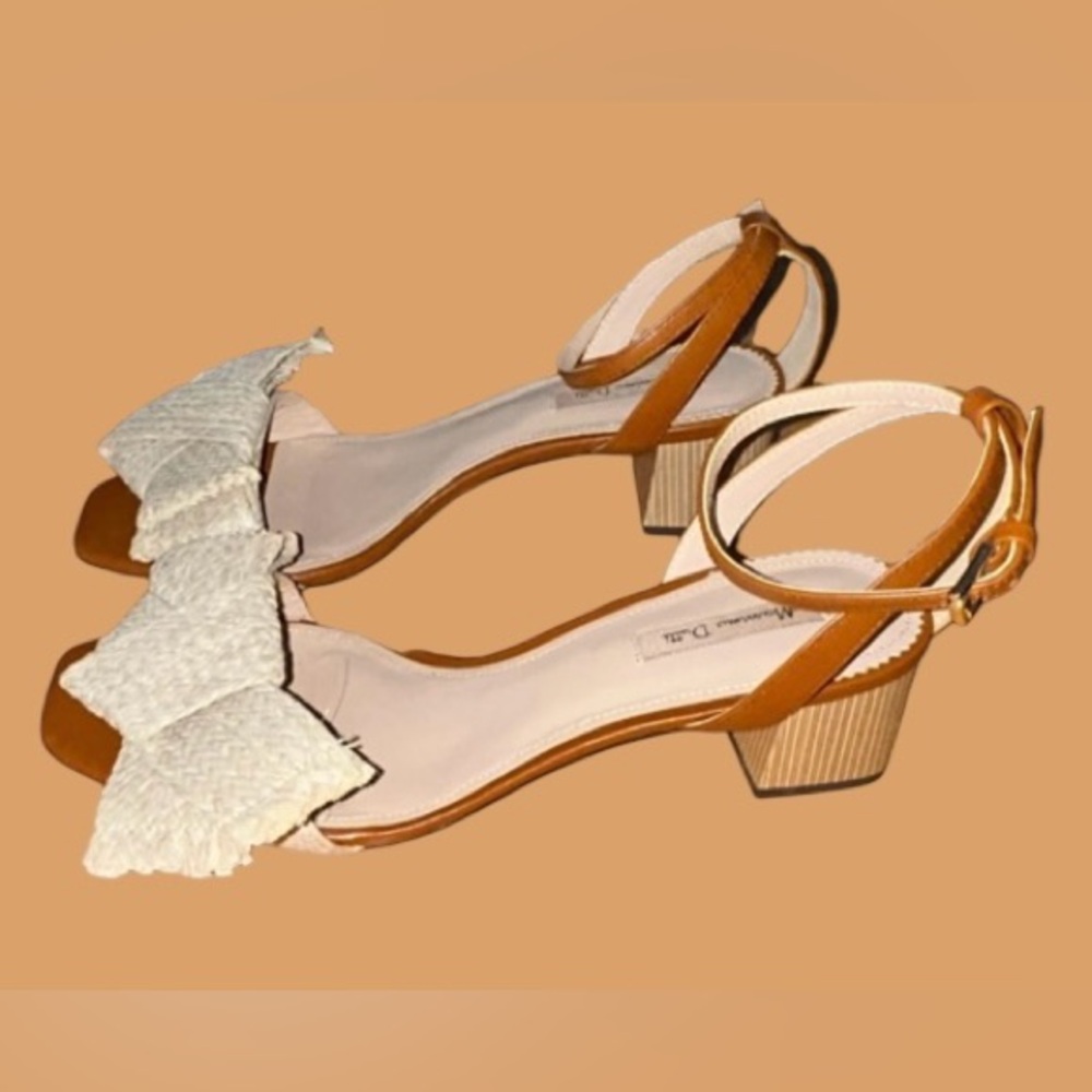 Massimo Dutti Tan and Cream Braided Bow Block Heel Sandals